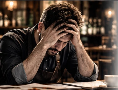 Propietario gastronómico preocupado, sentado en su restaurante